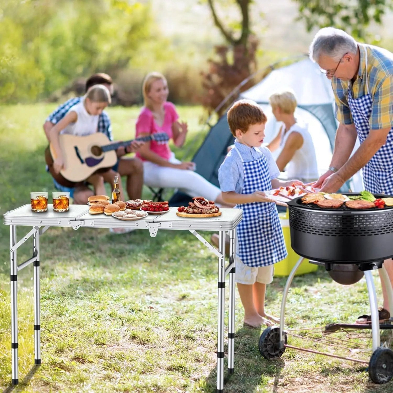 Folding Camping Table with Storage Net, 3ft Camping Table Aluminum Folding Table with 3 Adjustable Height Max 27.1 Inch, Portable, for Outdoor Backyard BBQ, Silver by GreenHaven Gardens