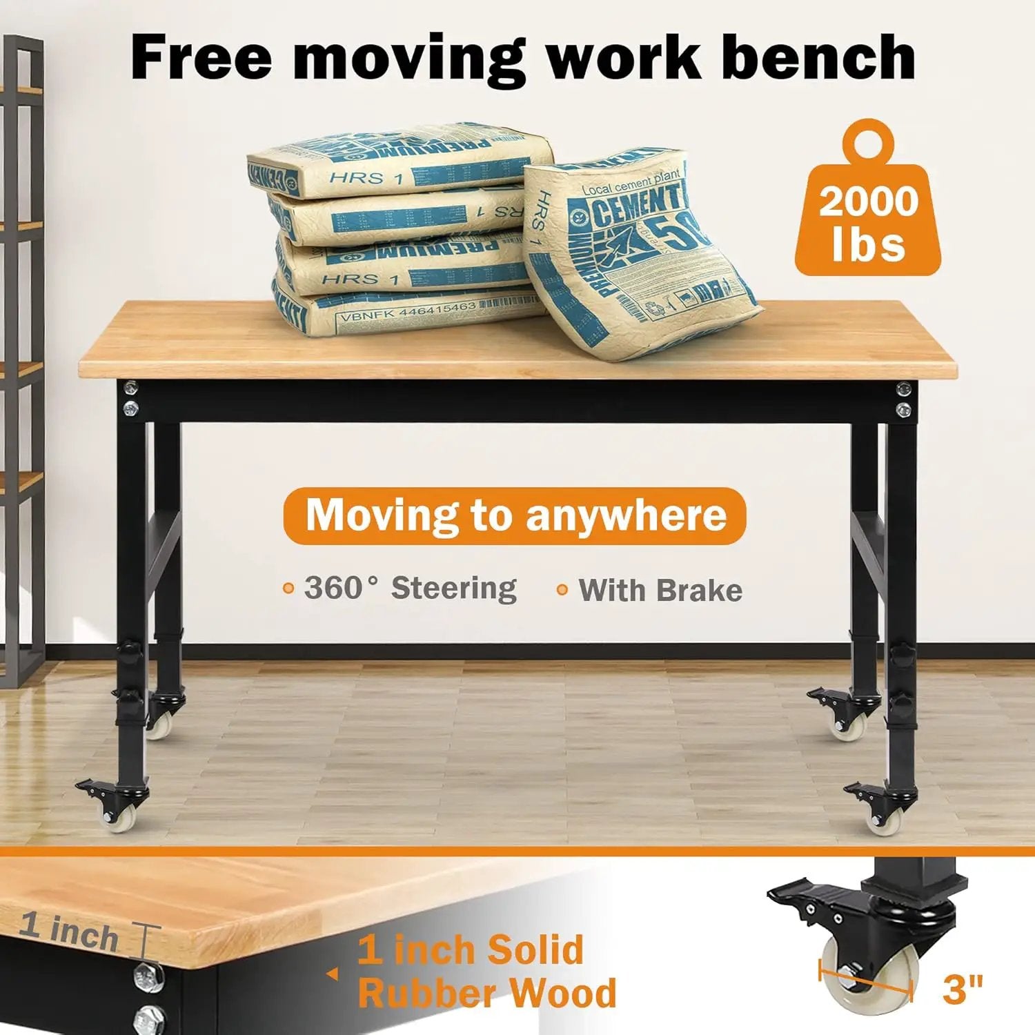 48" Heavy-Duty Adjustable Workbench for Garage, Rubber Wood Shop Table W/Metal Wheels, Hardwood Workstation Weight Capacity Over 2000 Lbs with Wheels by GreenHaven Gardens