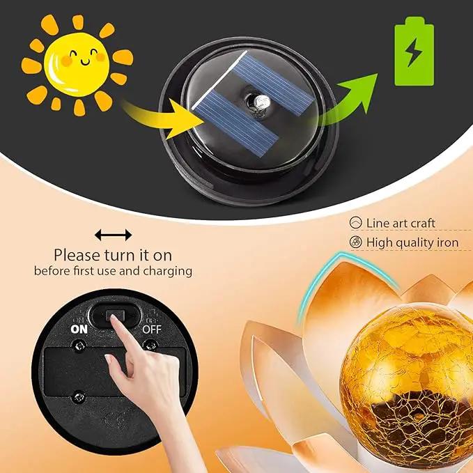 Garden Solar Lights Outdoor(2Pack) , Amber Crackle Globe Glass Lotus Decoration , Waterproof Orange Metal LED Flower Lights for Patio,Lawn,Walkway,Tabletop,Ground, Garden Gifts for Women by GreenHaven Gardens