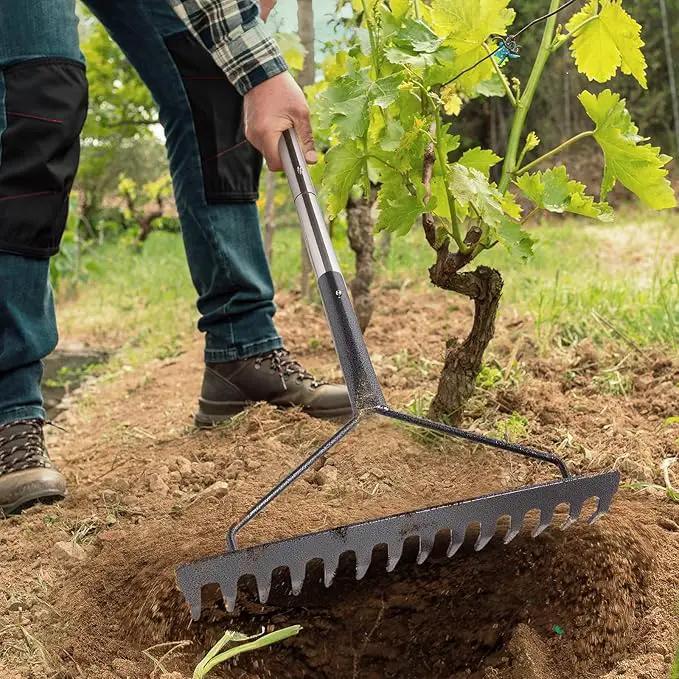 Sturdy Garden Rakes for Leaves: Metal Rake Heavy Duty Tool for Quick Clean Up of Lawn and Yard, 38’’--63’’ Adjustable Long Handle and 14Tines by GreenHaven Gardens