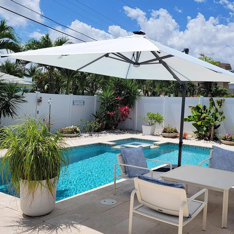 PURPLE LEAF 10 Feet Patio Umbrella Outdoor Cantilever Solar Powered LED Square Umbrella Aluminum Offset Umbrella with 360-degree Rotation for Garden Deck Pool Patio White by GreenHaven Gardens