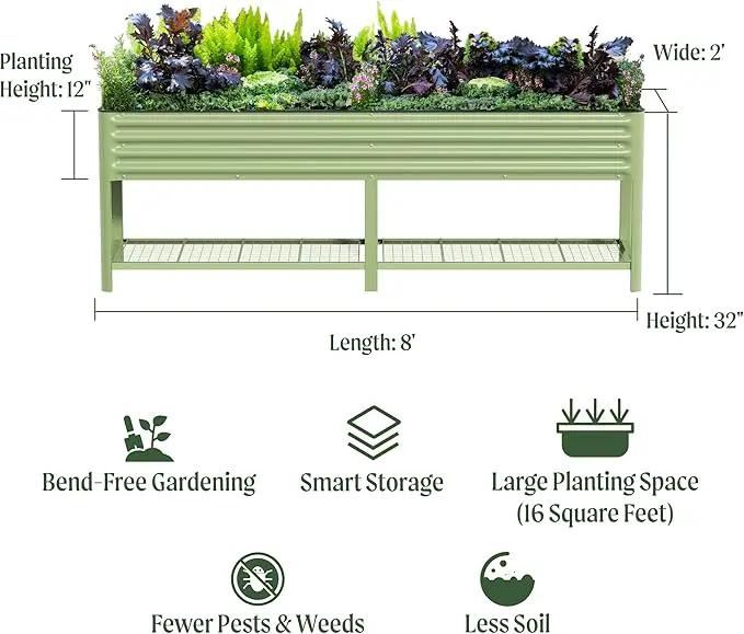 Elevated Raised Garden Bed-V Series, 2' x 8' Garden Beds with Legs & Storage Rack for Patio Porch, 1400 Lbs Weight Capacity, Outdoor Planter Boxes for Gardening Herbs Vegetables Flowers, Modern Gray by GreenHaven Gardens
