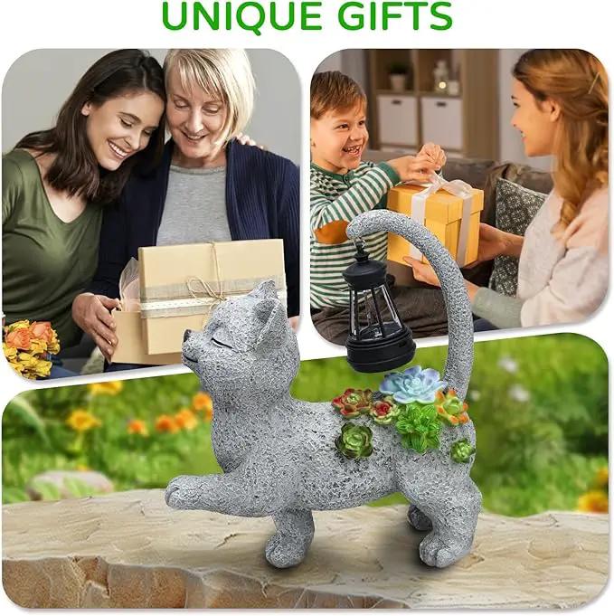 Solar Garden Outdoor Statues Cat with Succulent Solar Lantern, Lawn Decor Kitten Figurine for Patio Balcony Yard, Yard Unique Christmas Birthdays Gift for Mom Grandma by GreenHaven Gardens