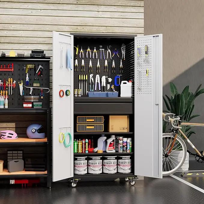 Metal Garage Cabinet with Wheels,71''H Rolling Lockable Steel Tool Storage Cabinet with Pegboard &1 Drawer for Garage,Home,Office,Black Gray, Assembly Required by GreenHaven Gardens