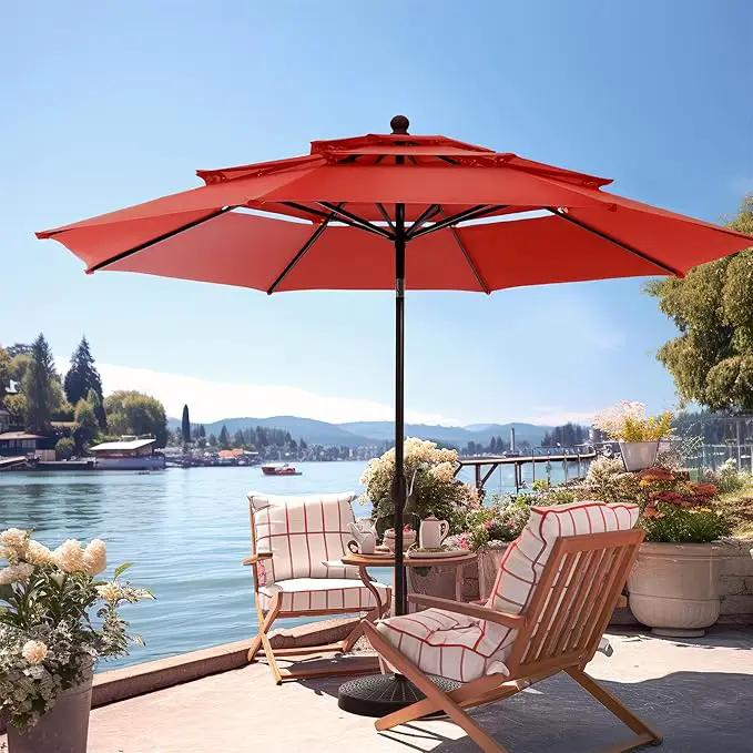 PHI VILLA 10ft Patio Umbrella Outdoor 3 Tier Vented Market Table Umbrella with 1.5" Umbrella Pole and 8 Sturdy Ribs, (Orange Red)（No Base） by GreenHaven Gardens