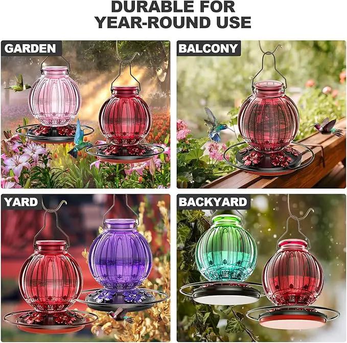 2 Pack Glass Hummingbird Feeder for Outdoors Hanging, Bird Nectar Feeder with Perch & 5 Flower Feeding Ports, 26 Oz Leak Proof for Outside Garden Decor Backyard, Gifts for Women Mom, Purple by GreenHaven Gardens