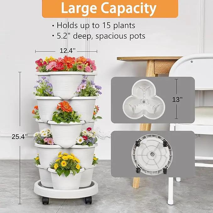 VECELO 5 Tier Vertical Garden Planter, Self Watering Stackable Planters with Wheels for Strawberries, Herbs, Flowers, Vegetables, Gray by GreenHaven Gardens