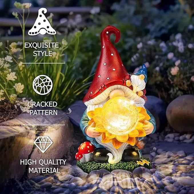 Solar Garden Decor Gnome Statues with Sunflower and Crackle Glass Globe Lights Gnome Outdoor Decorations for Garden Yard Patio Lawn, Unique Housewarming Gifts by GreenHaven Gardens