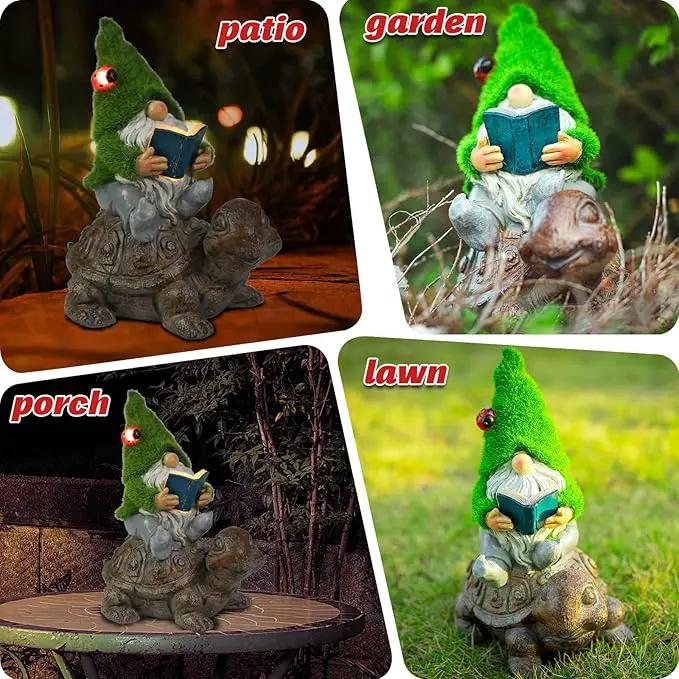 Garden Gnome Sitting on Turtle Outdoor Statues and Sculpture with Solar Lights, Garden Gnome Solar Statues and Turtle Figurines for Patio Yard Lawn Porch Decorations by GreenHaven Gardens