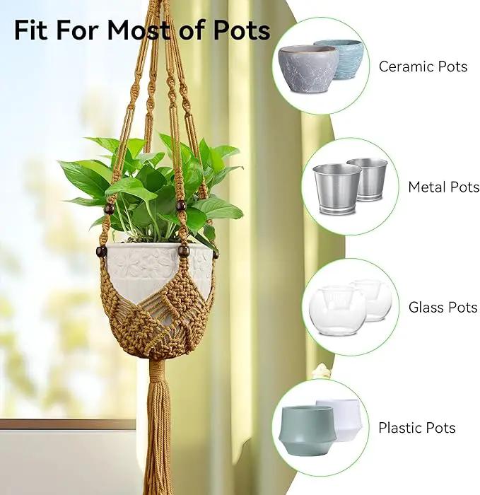 USLAI Macrame Handmade Basket Plant Hanger (2-Pack), for 3-8 Inch Pots, Indoor Outdoor Strong Hanging Planter Flower Pot Holder with Beads and Tassels, Boho Home Decor (POTS NOT Included) (Brown) by GreenHaven Gardens