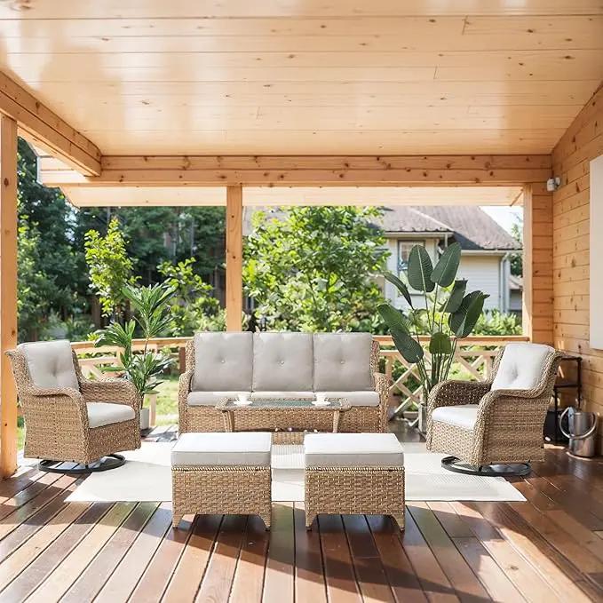 Wicker Outdoor Furniture Patio Furniture Set - 6 Piece Patio Conversation Set with Swivel Rocker Chairs, Rattan Sofa, Ottomans and Coffee Table, Beige Cushion by GreenHaven Gardens