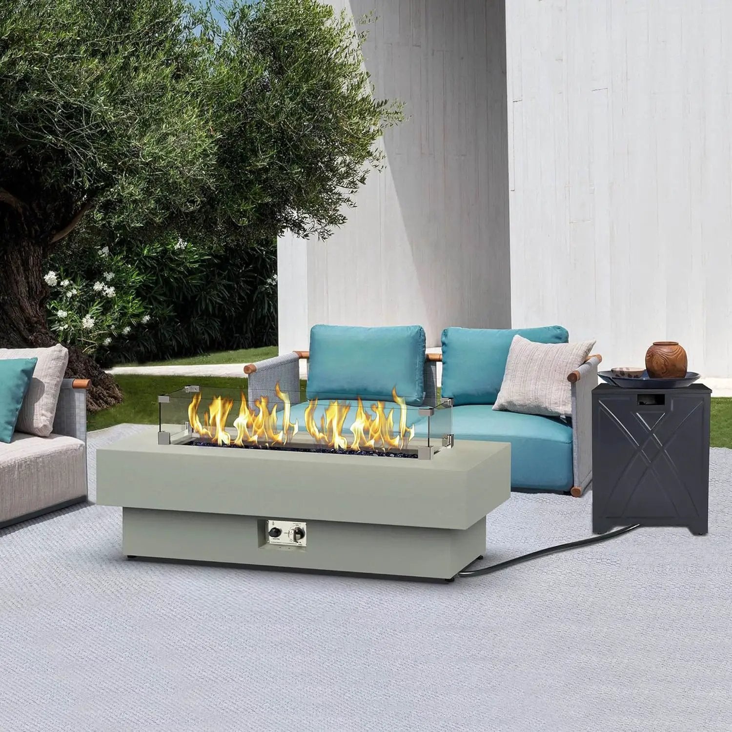 48-inch Fire Table with 20lb Propane Tank Cover & Wind Glass Shield, 50,000BTU Outdoor Modern Patio Fire Pit Table w/Rectangular Burner Lid, Glass Rocks, Pre-Attached 10ft External Gas Hose by GreenHaven Gardens
