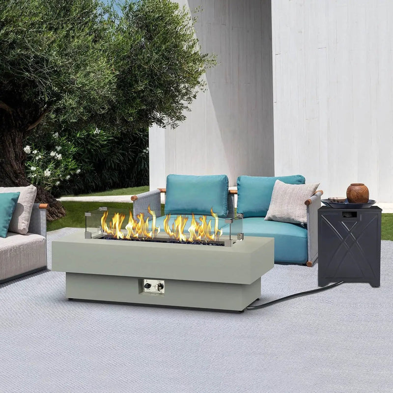 48-inch Fire Table with 20lb Propane Tank Cover & Wind Glass Shield, 50,000BTU Outdoor Modern Patio Fire Pit Table w/Rectangular Burner Lid, Glass Rocks, Pre-Attached 10ft External Gas Hose by GreenHaven Gardens