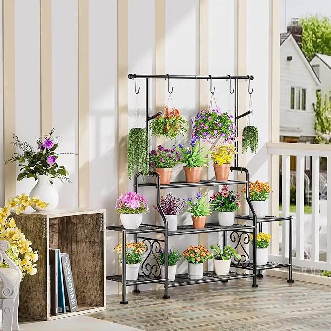 GIOTORENT 3-Tier Tall Metal Plant Stand Indoor Outdoor - Heavy Duty Plant Shelf for Garden, Patio, Balcony with 5 Hanging Hooks, Holds 16-25 Plants, Black by GreenHaven Gardens