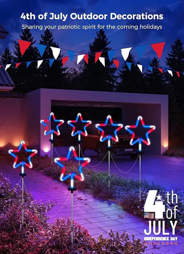 4th of July Decorations Outdoor Red White and Blue Lights, 4 Big Neon Star Pathway Lights Plug in for Independence Day Memorial Day Patriotic Decor Outside Garden Yard Lawn by GreenHaven Gardens
