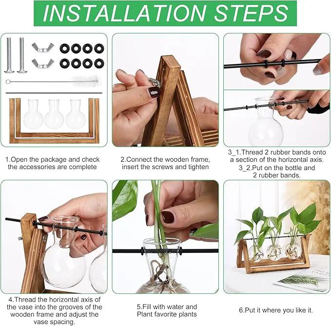 YIBOT Plants Propagation Stations,Desk Plant Terrarium with Retro Wooden Stand,Plant Lover Gifts for Women for Hydroponics Plants Home Garden Wedding Decor(3 Bulb Vase) by GreenHaven Gardens