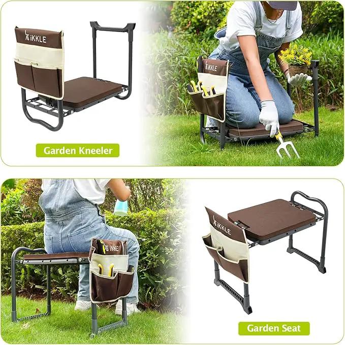ikkle Garden Kneeler and Seat Gardening Stool Kneeler Folding Gardening Bench with Thicker Detachable Kneeling Pad and Tool Store Pouches (Brown) by GreenHaven Gardens
