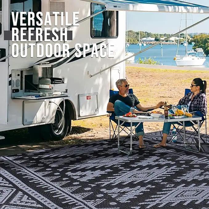 OLANLY Outdoor Rug Waterproof 4x6 ft, Reversible Outdoor Plastic Straw Rug, Boho Patio Rug, Indoor Outdoor Carpet, RV Mat Outside for Patio, Camp, Picnic, Balcony, Deck, Backyard, Black & Grey by GreenHaven Gardens