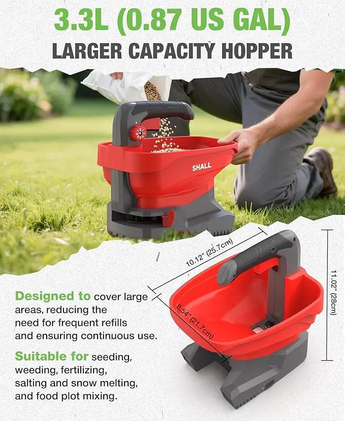 SHALL Battery Powered Fertilizer Spreader, 7.2V Rechargeable Seed Spreader for Salt, De-Icer, Earth Food, Grass Seed, 8-Level Settings and 3.3L Large Capacity Spreading up to 6458 sq.ft by GreenHaven Gardens