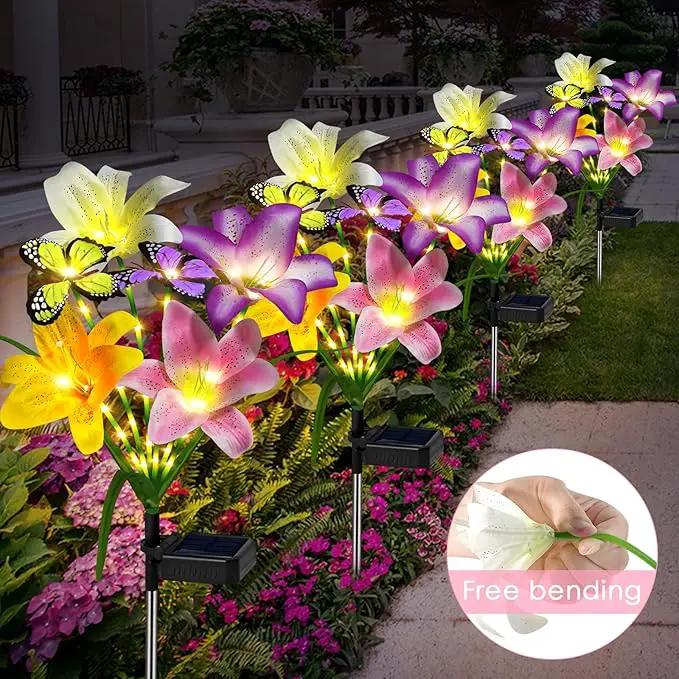 Solar Garden Lights Outdoor, 4 Pack Flower Lights for Outside, 16 Solar Lilies with Butterflies, Waterproof Garden Decor for Yard, Patio, Gifts for Women Mom (4 pcs Lilies) by GreenHaven Gardens