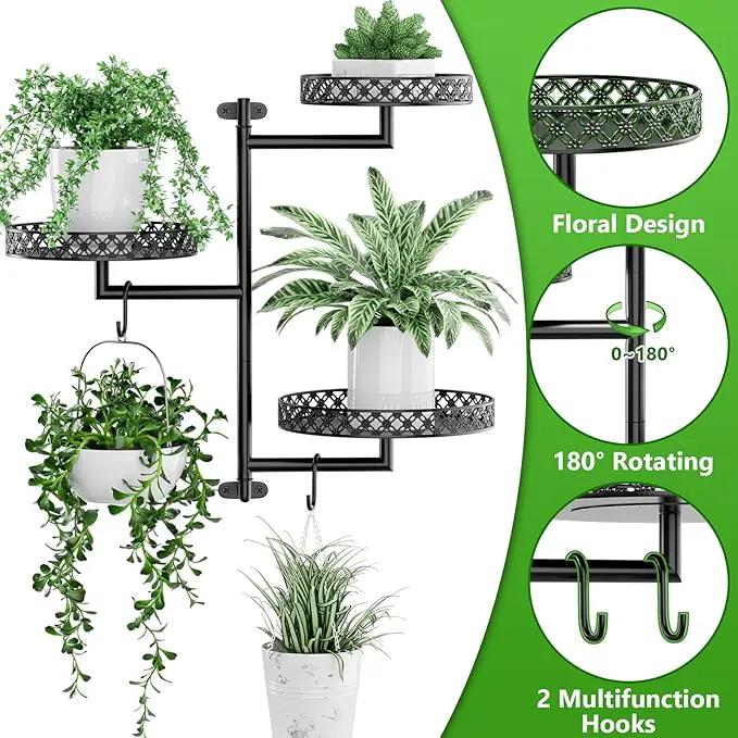 OVICAR Rotating Window Plant Shelves - Indoor Wall Plant Stand 3-Tier Floral Metal Window Shelf Holder for Multiple Plants with Hanging Hooks Home Decor Black by GreenHaven Gardens