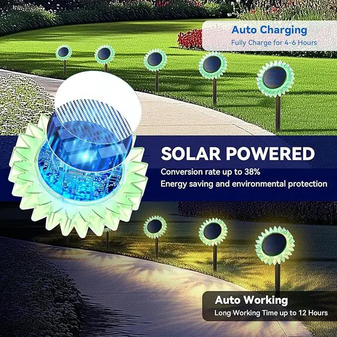 Hogni 6PK Solar Garden Lights, Ground Stake/Hang 2 in 1 Solar Sunflowers Outdoor Waterproof IP67, Outdoor Decor for Pathway Walkway Landscape Backyard Fence Decoration by GreenHaven Gardens