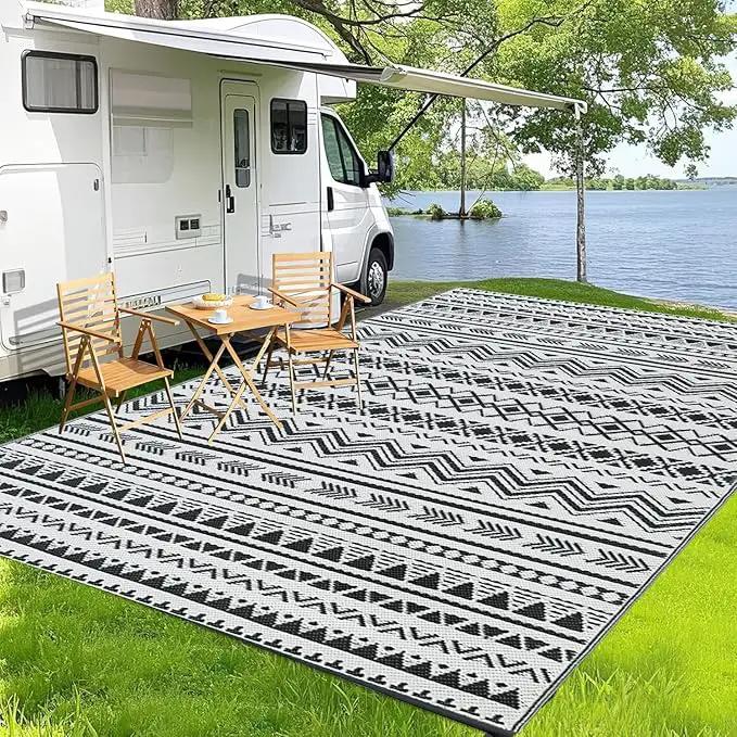 WILDROOTS 9x12 Feet Black and White Plastic Outdoor Rug, Stain Resistant Waterproof Reversible Outdoor Patio Rug, Fade Resistant Camping Rug by GreenHaven Gardens