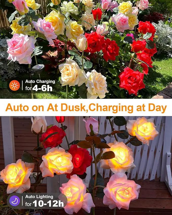 Solar Flower Lights Outdoor,Solar Garden Lights with 12 Bigger & More Realistic Flower,IP65 Waterproof Solar Powered Pathway Lights for Yard Lawn Patio Garden Decor(4Pack Rose Lights) by GreenHaven Gardens