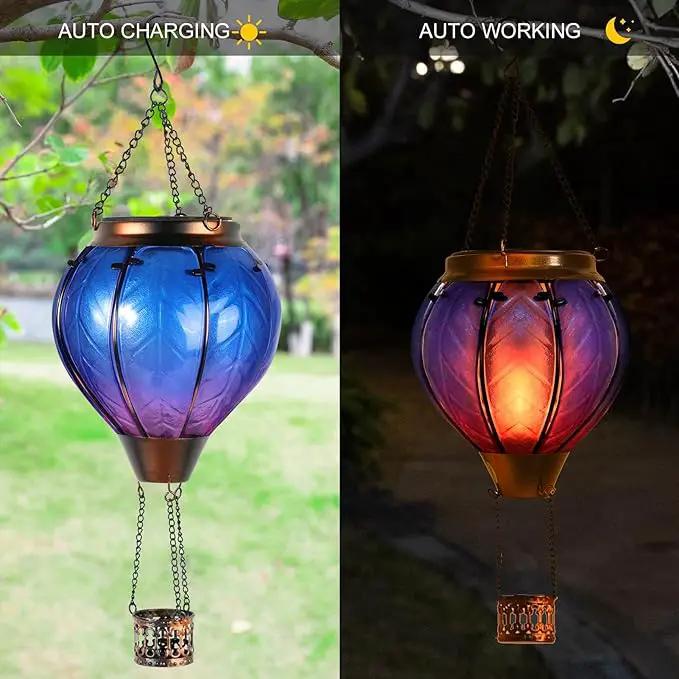 Hot Air Balloon Solar Lantern with Flickering Flame Hanging Solar Lights Outdoor Waterproof Lanterns for Garden Patio Yard Party Decoration Blue&Pink by GreenHaven Gardens