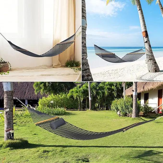 13FT Hammocks, Traditional Hand Woven Cotton Rope Hammock with Free Extension Chains for Outdoor Indoor Patio Yard 450 LSB Capacity for Two Person (Dark Grey) by GreenHaven Gardens
