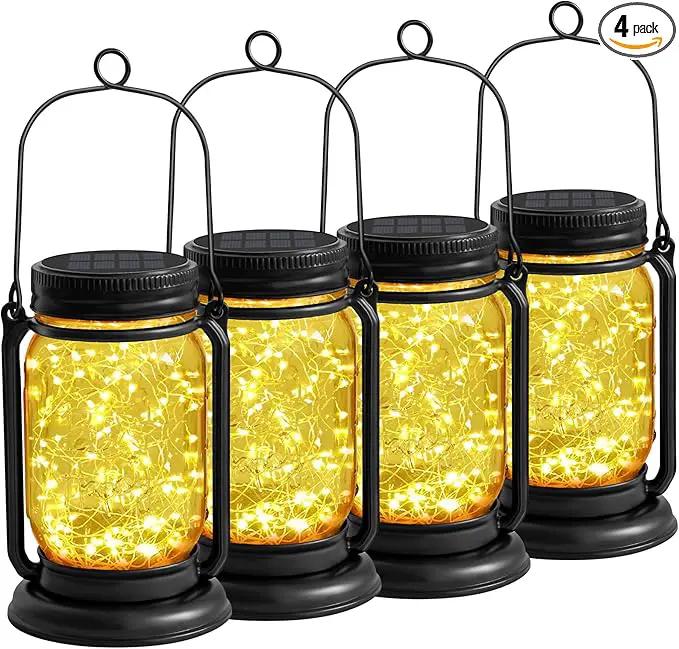 Solar Fairy Lanterns,4 Pack Solar Mason Jar Lights,Mother's Day Gifts For Mom Women Grandma Hanging Lanterns Outdoor Waterproof,Glass Jar Starry Light with Stakes for Garden Patio Party Holiday by GreenHaven Gardens