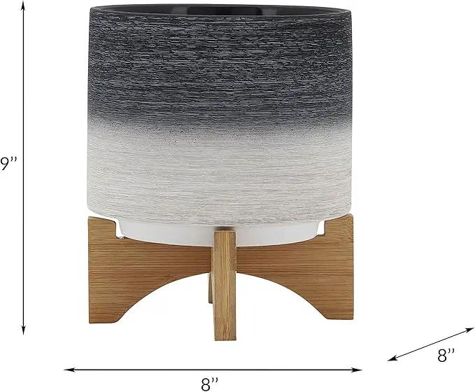 Sagebook Home 8" Planter on Stand - Ceramic Planter on Wooden Base - Contemporary Gray and White Textured Design Indoor or Outdoor Plant Stand Decor by GreenHaven Gardens