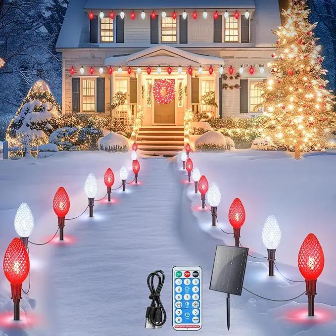 Minetom Solar Double C9 Strawberry Pathway Lights - 16FT 10 LED C9 Christmas Lights with Timer, 8 Modes, Solar Christmas Outdoor Decorations for Lawn Outside Walkway, Red & White by GreenHaven Gardens