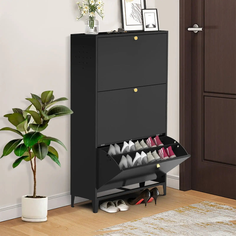 3 Drawer All Steel Shoe Cabinet, Freestanding Storage Organizer With Flip Door by Unique Piece Furniture