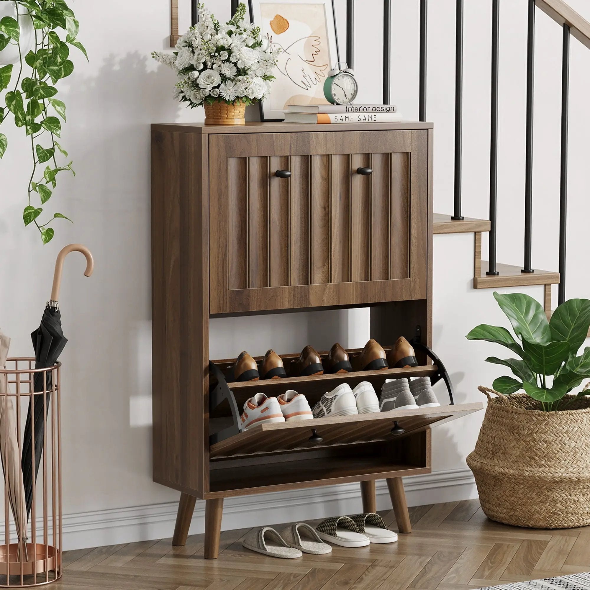 Shoe Cabinet, Upright Storage Unit - Walnut by Unique Piece Furniture