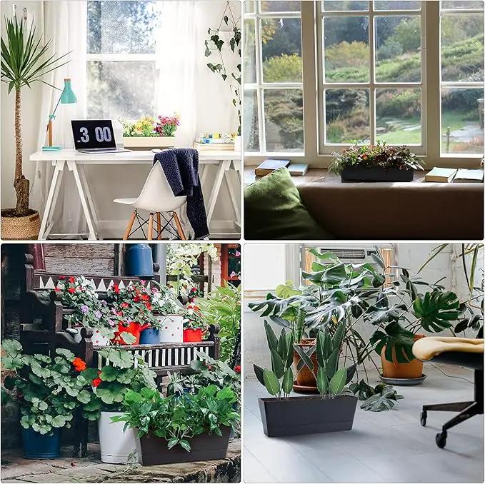 GREANER Window Boxes, 3 Pack 12x3.8 Inch Mixed Color Rectangle Herb Planters with Tray, Indoor Succulent Cactus Plastic Saucer Pot for Windowsill, Balcony, Office, Outdoor Garden (Black, White, Beige) by GreenHaven Gardens
