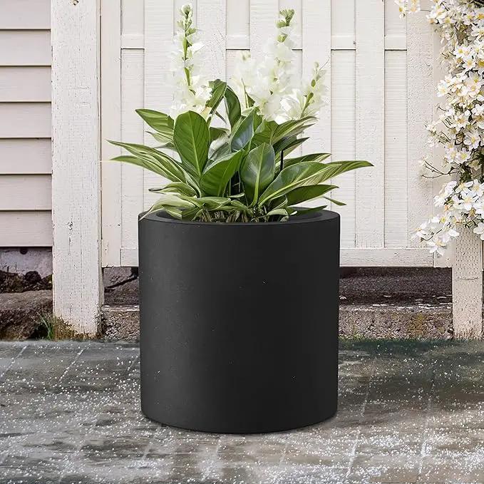Kante 15.7" Dia Round Concrete Planter, Modern Style Large Cylindrical Plant Pot with Drainage Hole and Rubber Plug for Indoor Outdoor Patio, Black by GreenHaven Gardens
