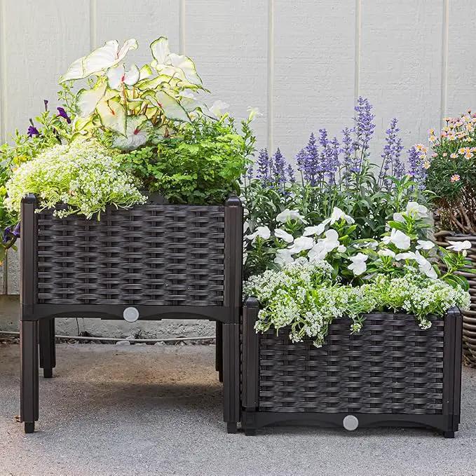 Barton 2 Pieces Raised Garden Bed Brown Plastic w/Self-Watering Design Outdoor Elevated Planter Box Kit Wheels Mobile by GreenHaven Gardens