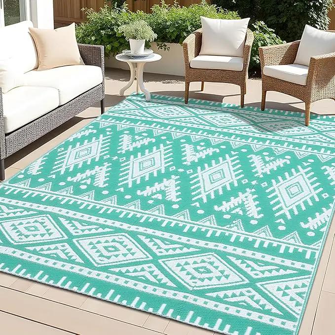OLANLY Outdoor Rug Waterproof 5x8 ft, Reversible Outdoor Plastic Straw Rug, Boho Patio Rug, Indoor Outdoor Carpet, RV Mat Outside for Patio, Camp, Picnic, Balcony, Deck, Backyard, Turquoise & White by GreenHaven Gardens