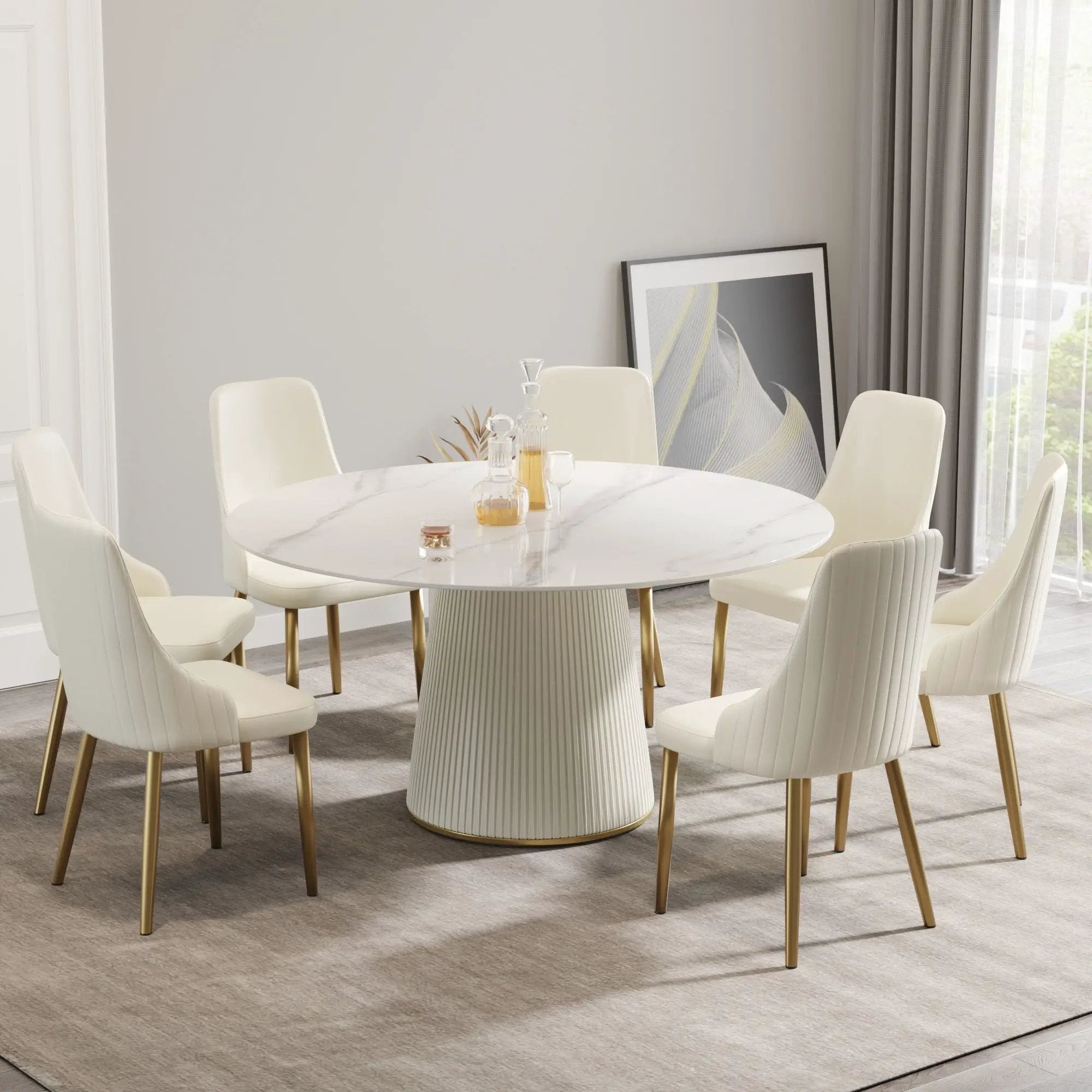 Modern Artificial Stone Round Plywood Base Dining Table, Can Accommodate 8 People, (Not Including Chairs) - White / Beige by HouseOfZazla