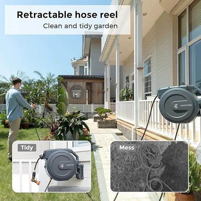 Giraffe Tools Metal Retractable Hose Reel 130 FT Wall Mounted Heavy Duty Hose Reel with 9 Pattern Nozzle 180 Deg Swivel, Metal Bracket Any Length Lock (1/2 130FT PRO, Dark Grey) by GreenHaven Gardens