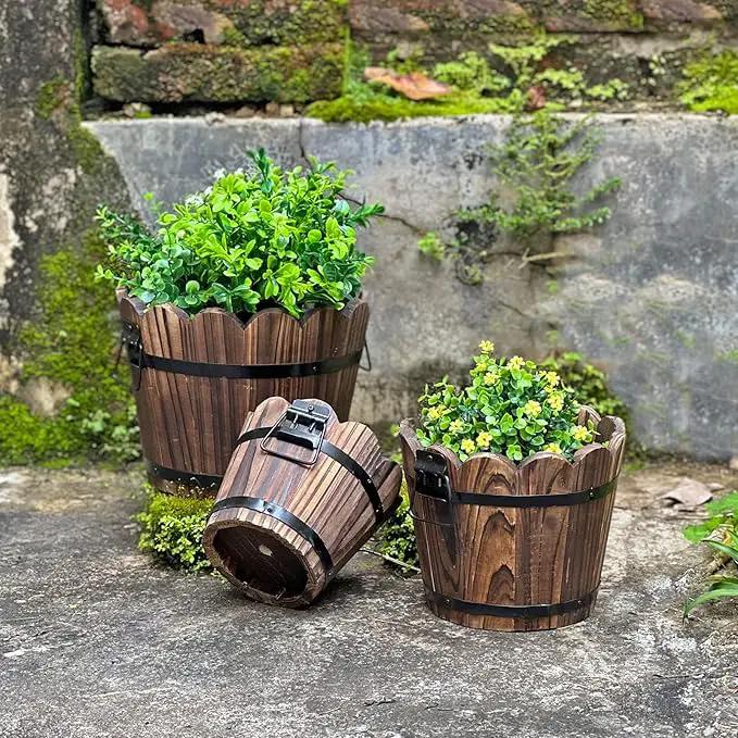 Wooden Bucket Barrel Planters, Small Flower Pot with Drainage Holes for Indoor Plants Home Décor, Set of 3 by GreenHaven Gardens