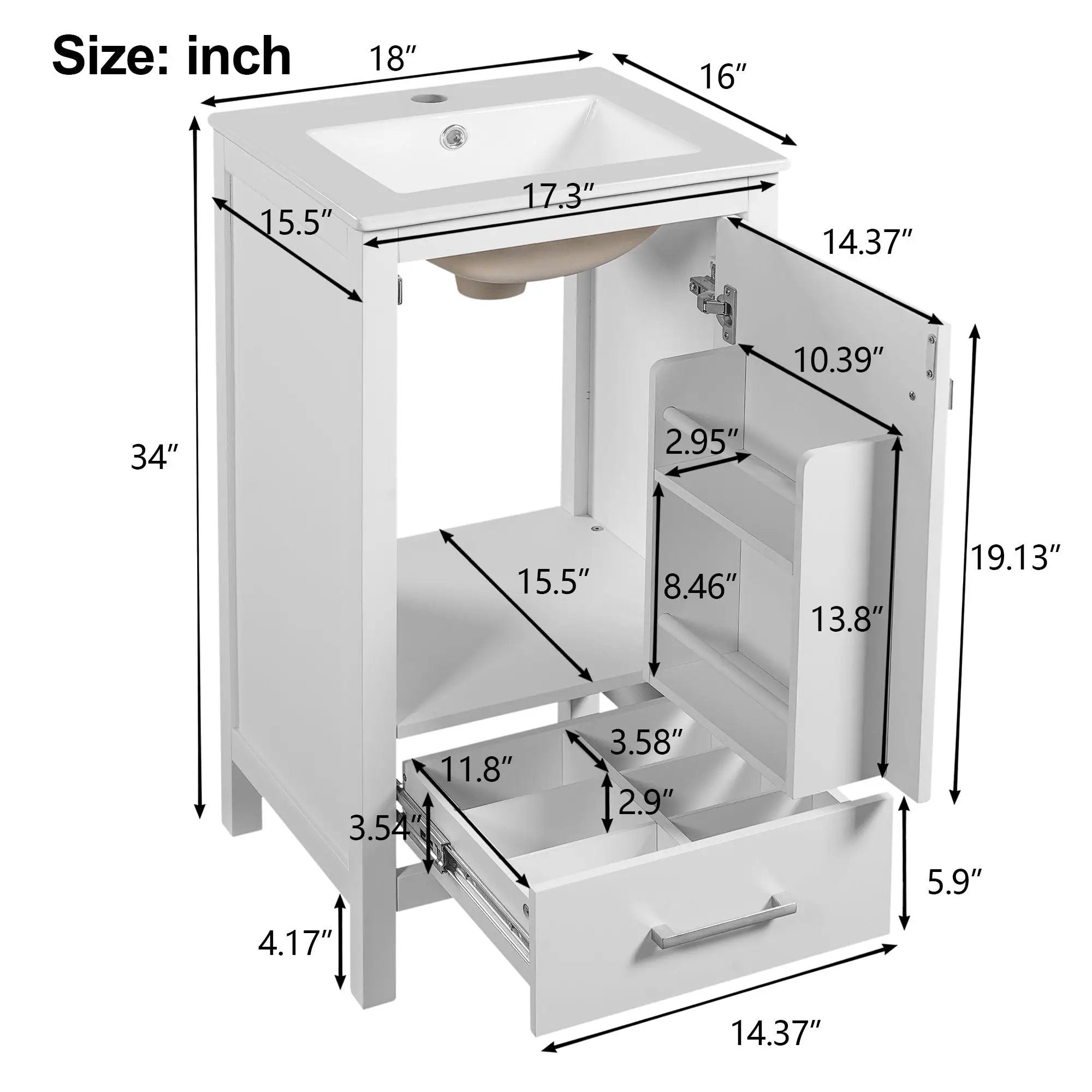 Bathroom Vanity With Ceramic Sink, Soft Close Drawers, Door Organizer, Divider Drawer, Adjustable Foot Pads by HouseOfZazla