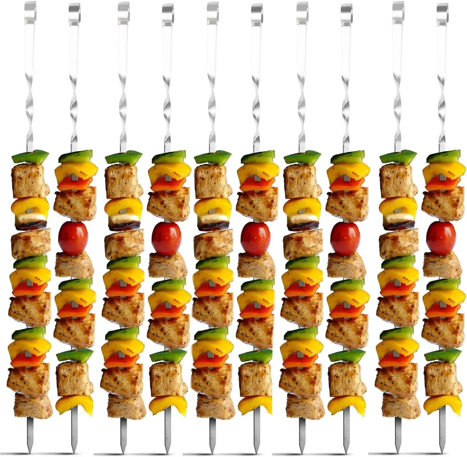 Antallcky 12 Pack Kebab Skewers BBQ Barbecue Skewers Stainless Steel Sticks 23.5 Inch Heavy Duty Large Wide Reusable with NonSlip Ring Handle Ideal for Shish kabob Chicken Shrimp angd Vegetables by GreenHaven Gardens