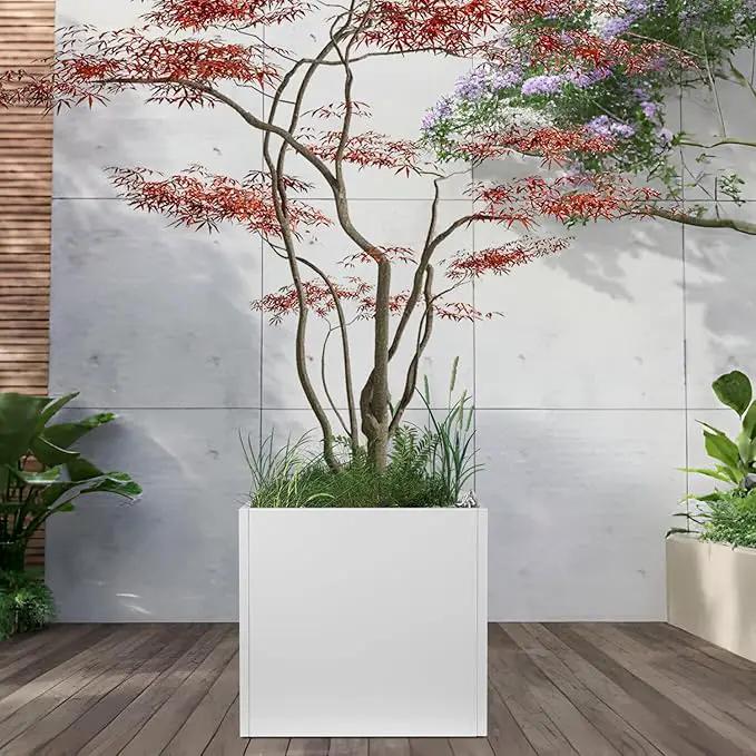 White Steel Planter Square Outdoor Planters Galvanized Steel Planter Box Indoor Metal Large Planters Cube Heavy Duty Flower Pot 26 Inch Modern Commercial Residential for Trees Patio Deck Yard Garden by GreenHaven Gardens