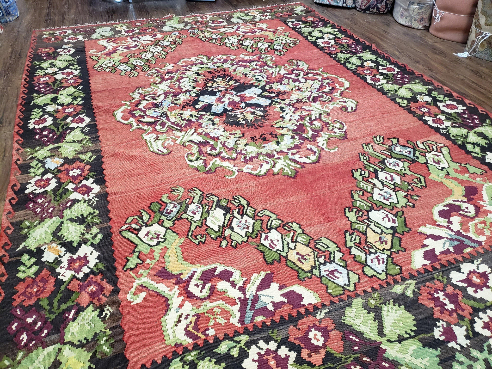 Karabakh Rug 8x11, Caucasian Kilim Rug, Vintage Antique Turkish Anatolian Azerbaijani Carpet, Wool Red & Black Hand-Woven 8 x 11 Living Room by Jewel Rugs