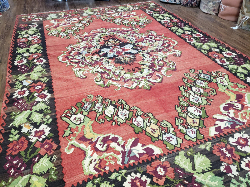 Karabakh Rug 8x11, Caucasian Kilim Rug, Vintage Antique Turkish Anatolian Azerbaijani Carpet, Wool Red & Black Hand-Woven 8 x 11 Living Room by Jewel Rugs