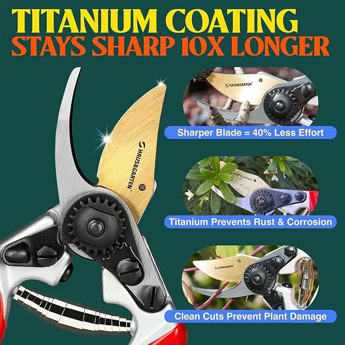 Haus & Garten PrecisionPRO 8" Titanium Pruning Shears - Heavy Duty Professional Bypass Pruner - Use As Rose Clippers, Premium Gardening Secateurs, Garden Scissors, Handheld Yard, Tree, & Plant Tool by GreenHaven Gardens
