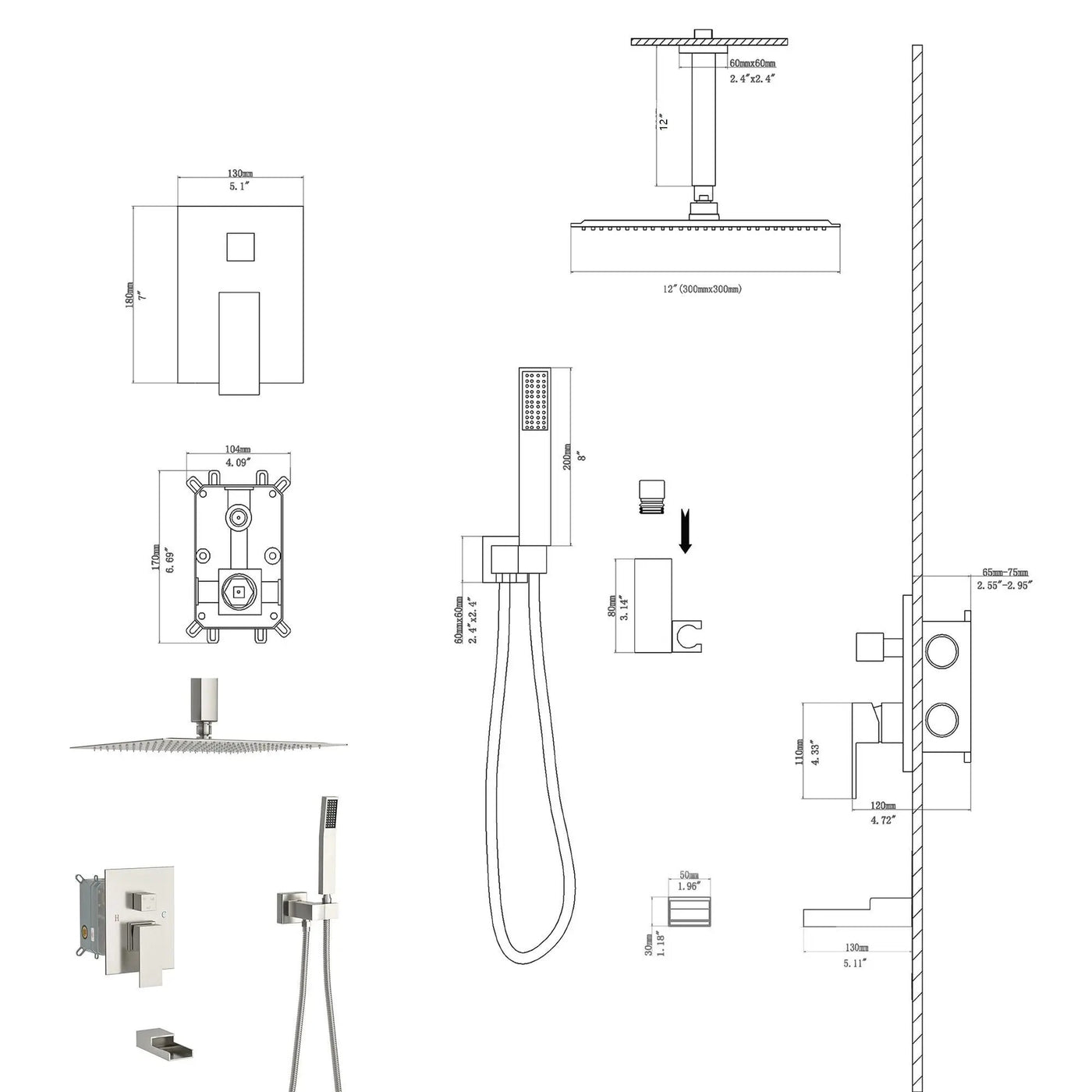 Modern Shower System With Waterfall Tub Spout, 12" Ceiling Mount Square Shower by HouseOfZazla