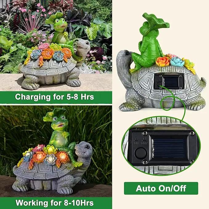 ILLUMINEW Solar Garden Outdoor Statues Turtle& Frog with Succulent and 8 LED Lights, Turtle Carrying Lotus Leaf Frog Figurines, Lawn Decorations for Patio Yard Gifts for Mom Grandma Housewarming by GreenHaven Gardens